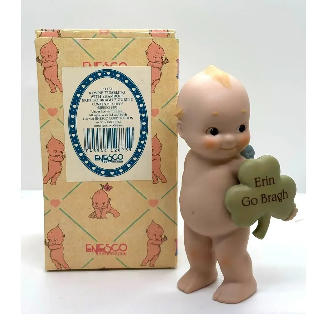 VTG '93 Jesco/Enesco Rose O'Neill Porcelain Kewpie Doll w/Erin Go Bragh Shamrock